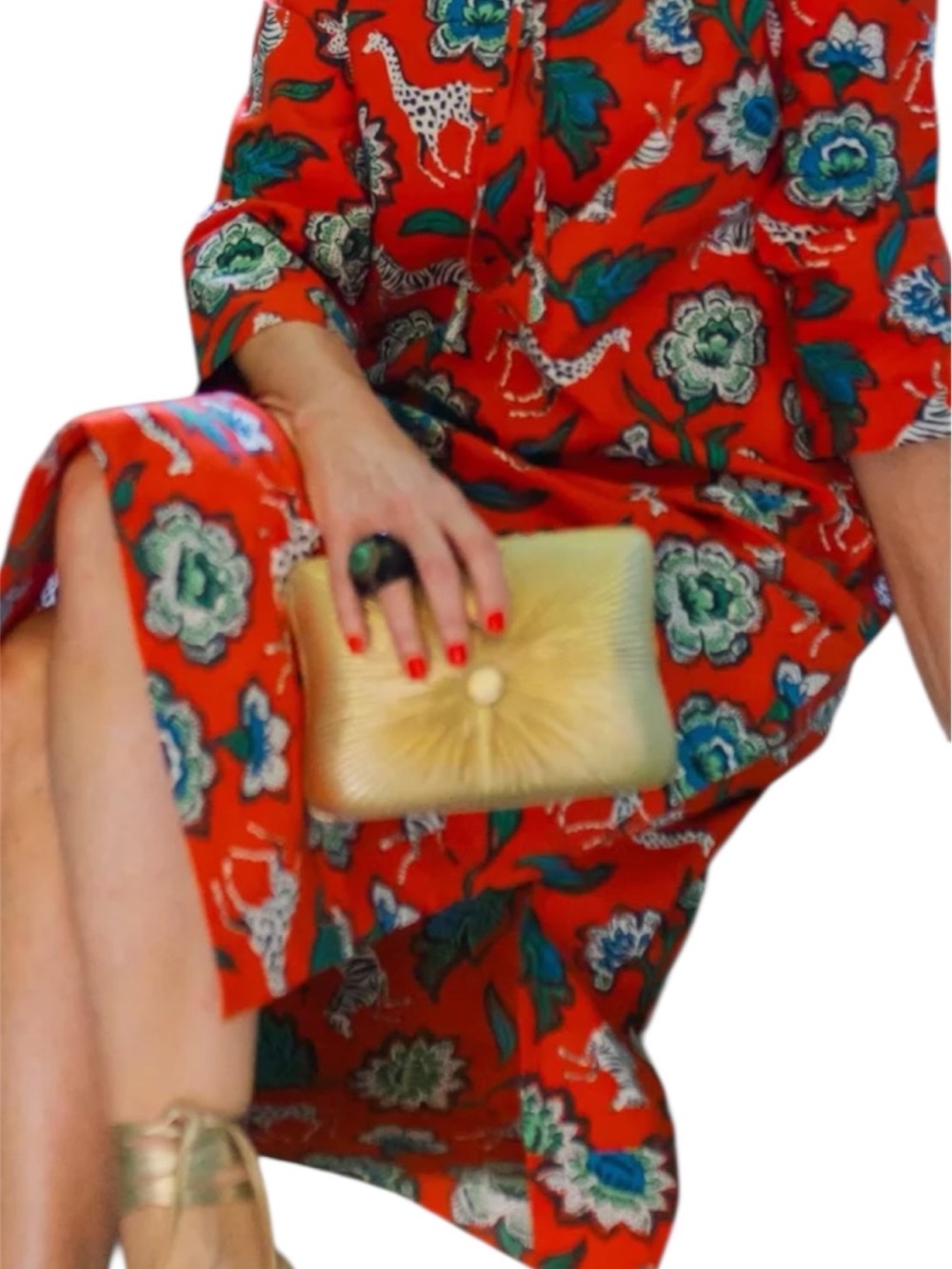 Print fresh collab safari Organic cotton midi dress XL red smocked
